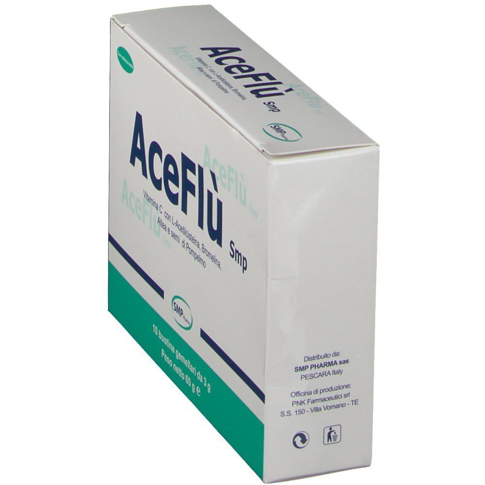 Confezione di ACEFLU SMP di lato, con informazioni sul prodotto.