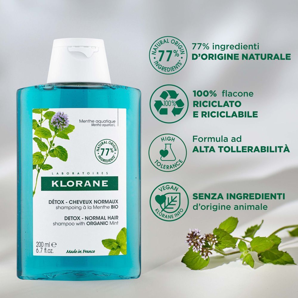 Flacone di shampoo Klorane con etichetta che mostra menta bio, 77% ingredienti naturali e info riciclo.