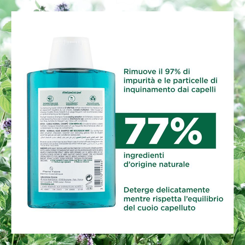 Retro di un flacone di shampoo Klorane con informazioni su ingredienti e riciclo.