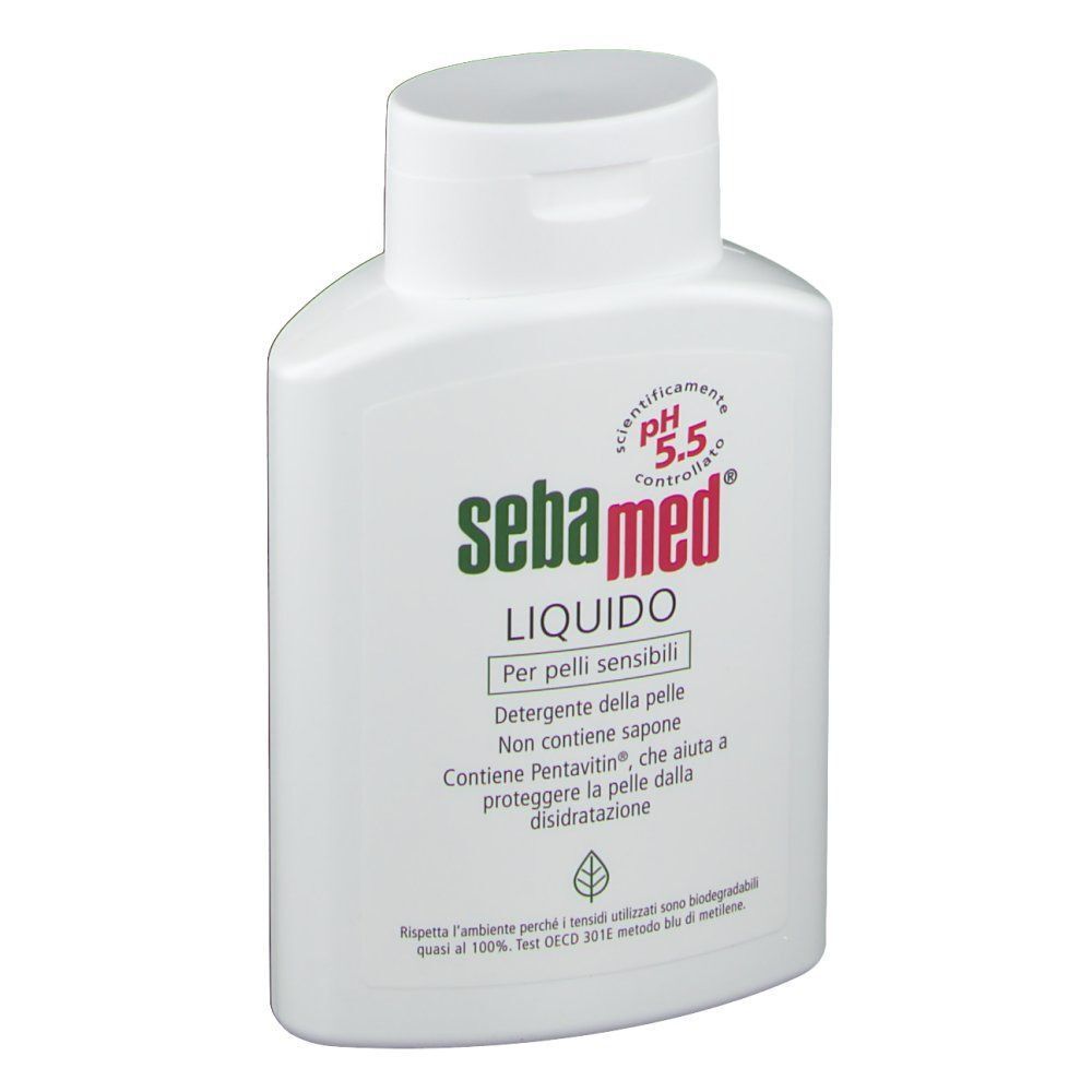 Flacone bianco Sebamed® pH 5,5 Liquido con tappo a scatto, vista frontale.