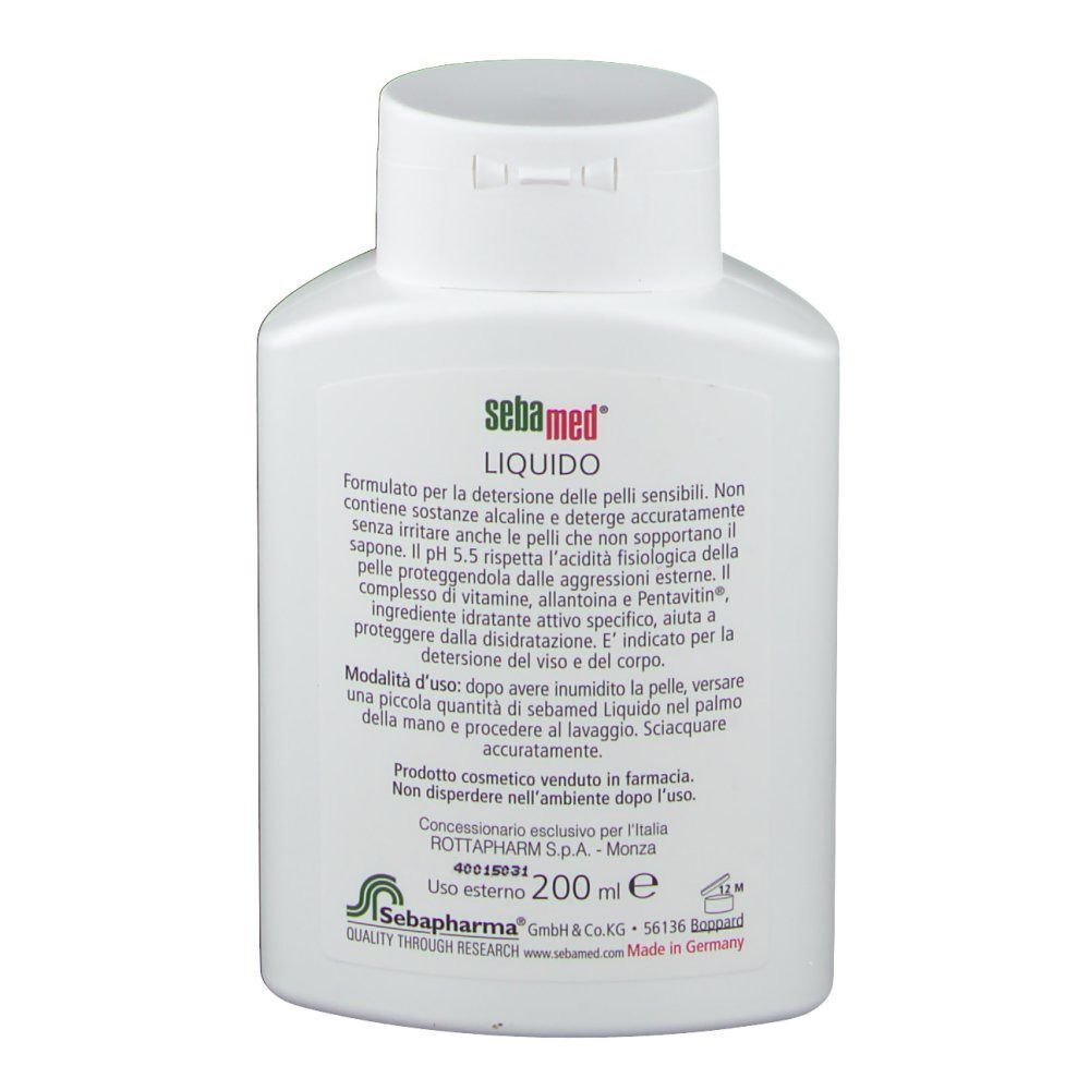 Retro di un flacone bianco Sebamed® pH 5,5 Liquido con informazioni sul prodotto.
