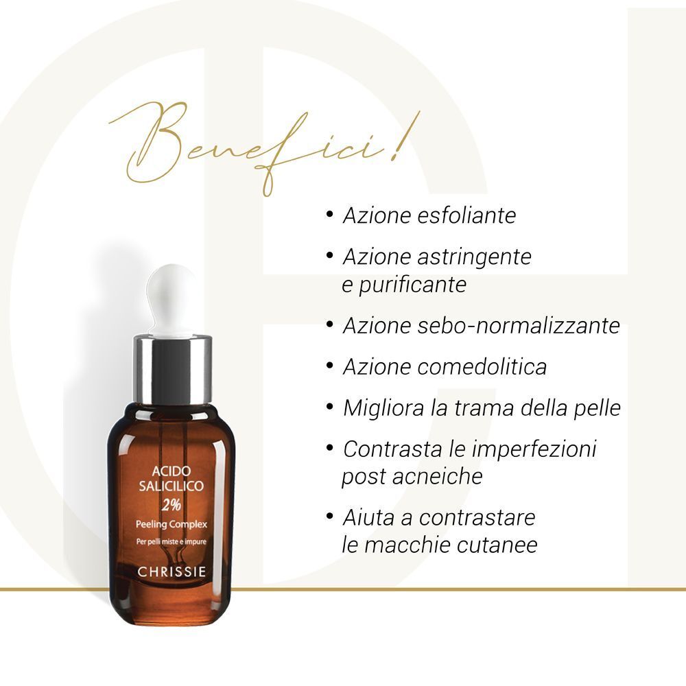Un flacone di Complesso Peeling Acido Salicilico 2% accanto a un elenco di benefici.