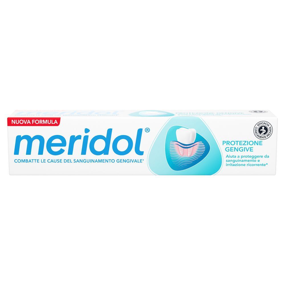 Tubetto di dentifricio Meridol Protezione Gengive con illustrazione di dente e gengiva.