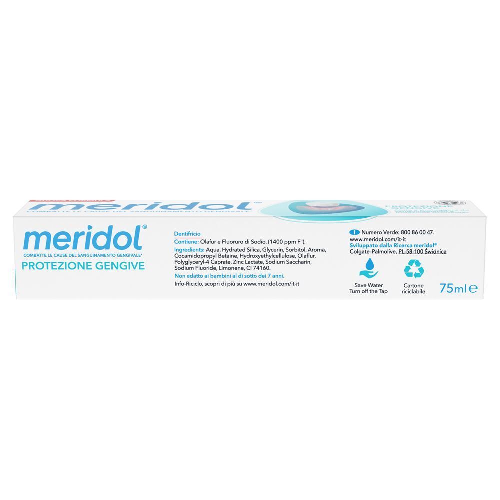 Retro di un tubetto di dentifricio Meridol Protezione Gengive con ingredienti e indicazione 75ml.