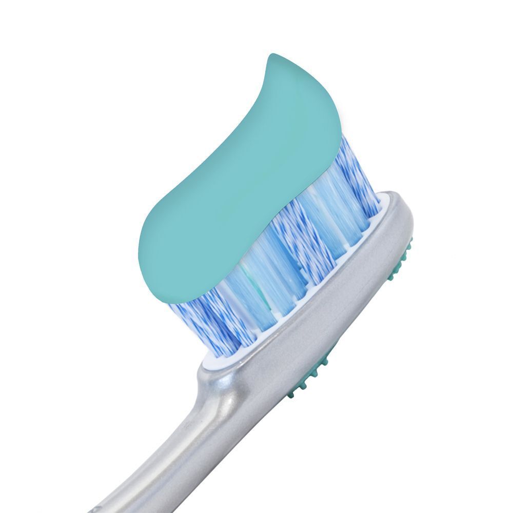 Spazzolino da denti con una striscia verde di dentifricio Meridol Protezione Gengive.