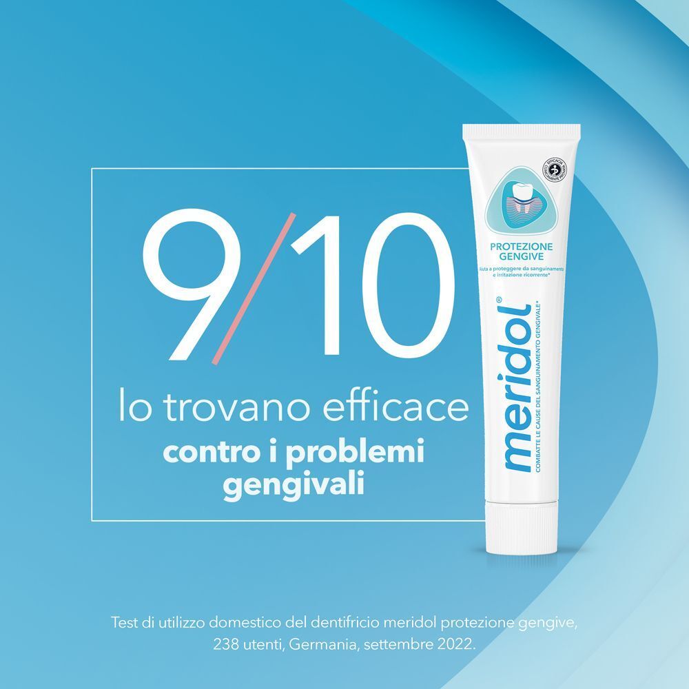 Tubo di dentifricio Meridol accanto a un grande '9/10' che indica l'efficacia contro i problemi gengivali.