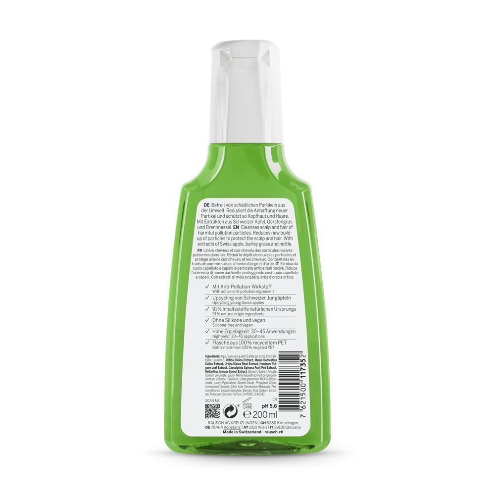 Retro di un flacone verde di Shampoo RAUSCH con elenco ingredienti e indicazione 200ml.