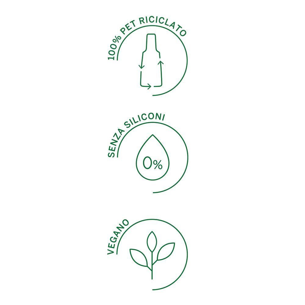 Tre icone verdi: 100% PET riciclato, senza siliconi e vegano.
