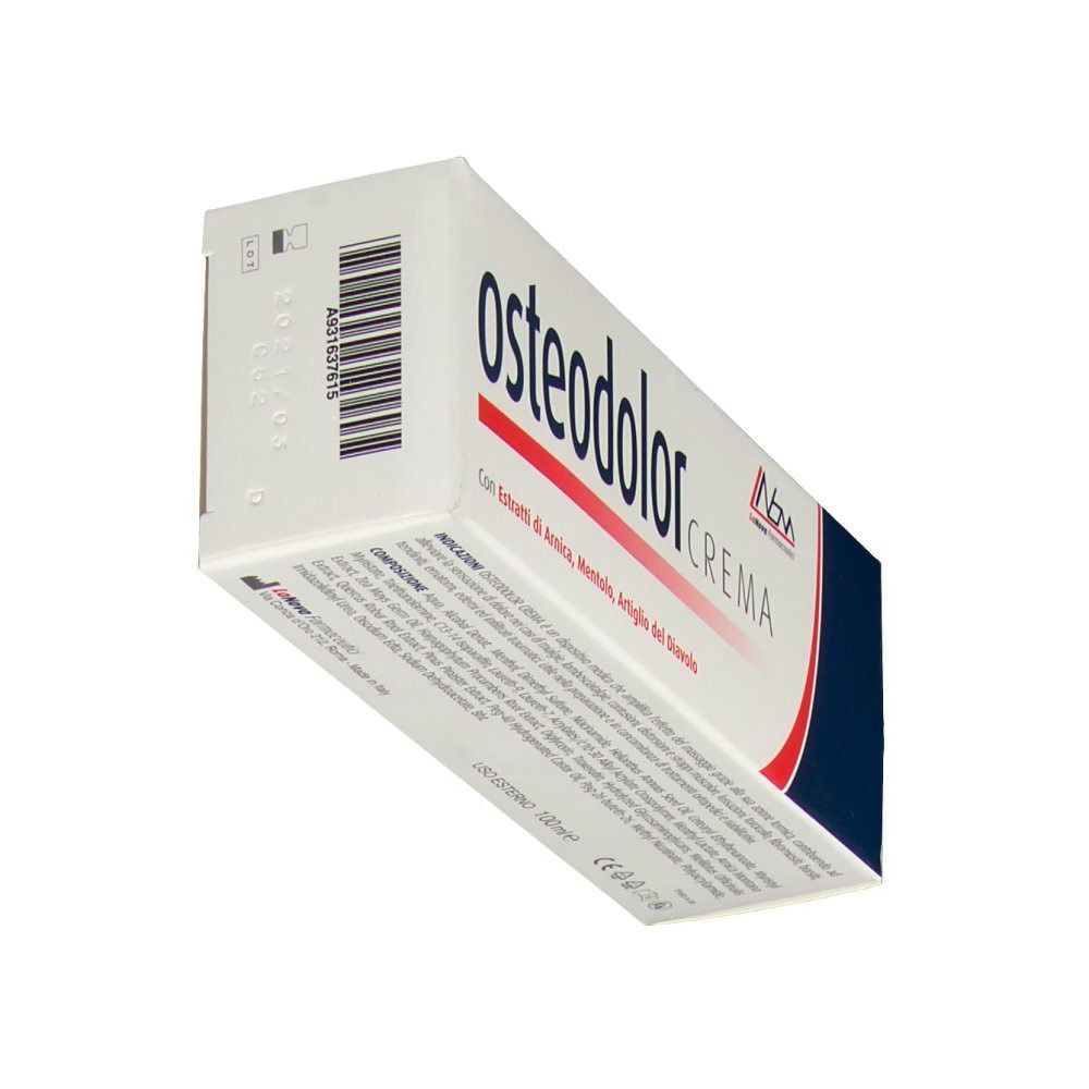 Confezione di crema Osteodolor, vista obliqua con codice a barre.