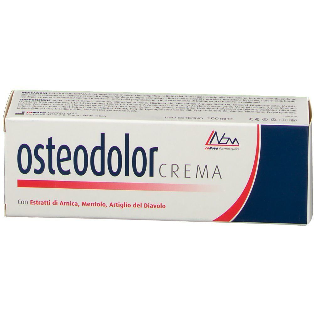 Confezione di crema Osteodolor, fronte con elenco ingredienti.