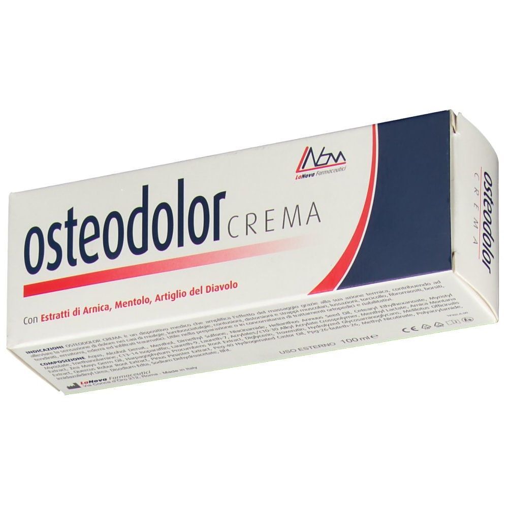 Una confezione di Osteodolor Crema con estratti di Arnica, Mentolo, Artiglio del Diavolo. Scatola bianca con accenti blu e rossi.