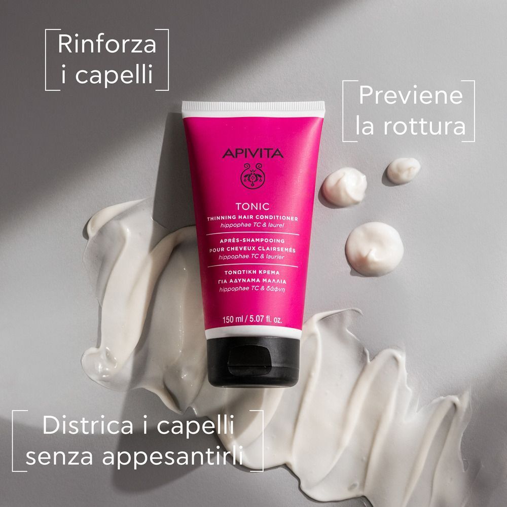 Balsamo tonificante APIVITA per capelli fini, 150 ml, con campione e testo.