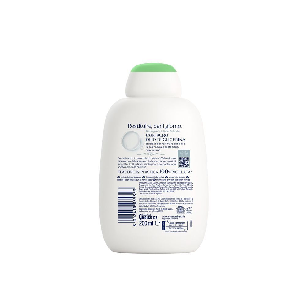 Retro di un flacone Neutro Roberts Intimo Delicato con ingredienti e codice a barre.