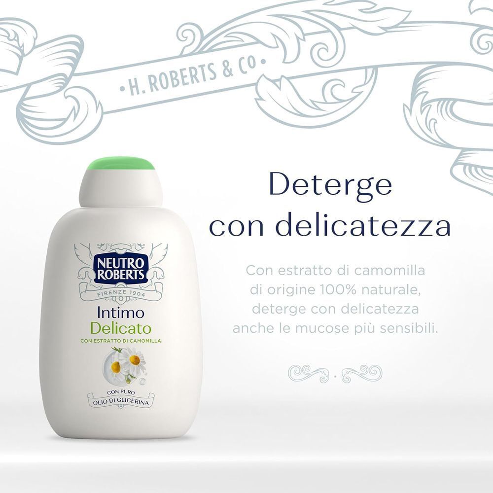 Flacone Neutro Roberts Intimo Delicato con estratto di camomilla per una detersione delicata.