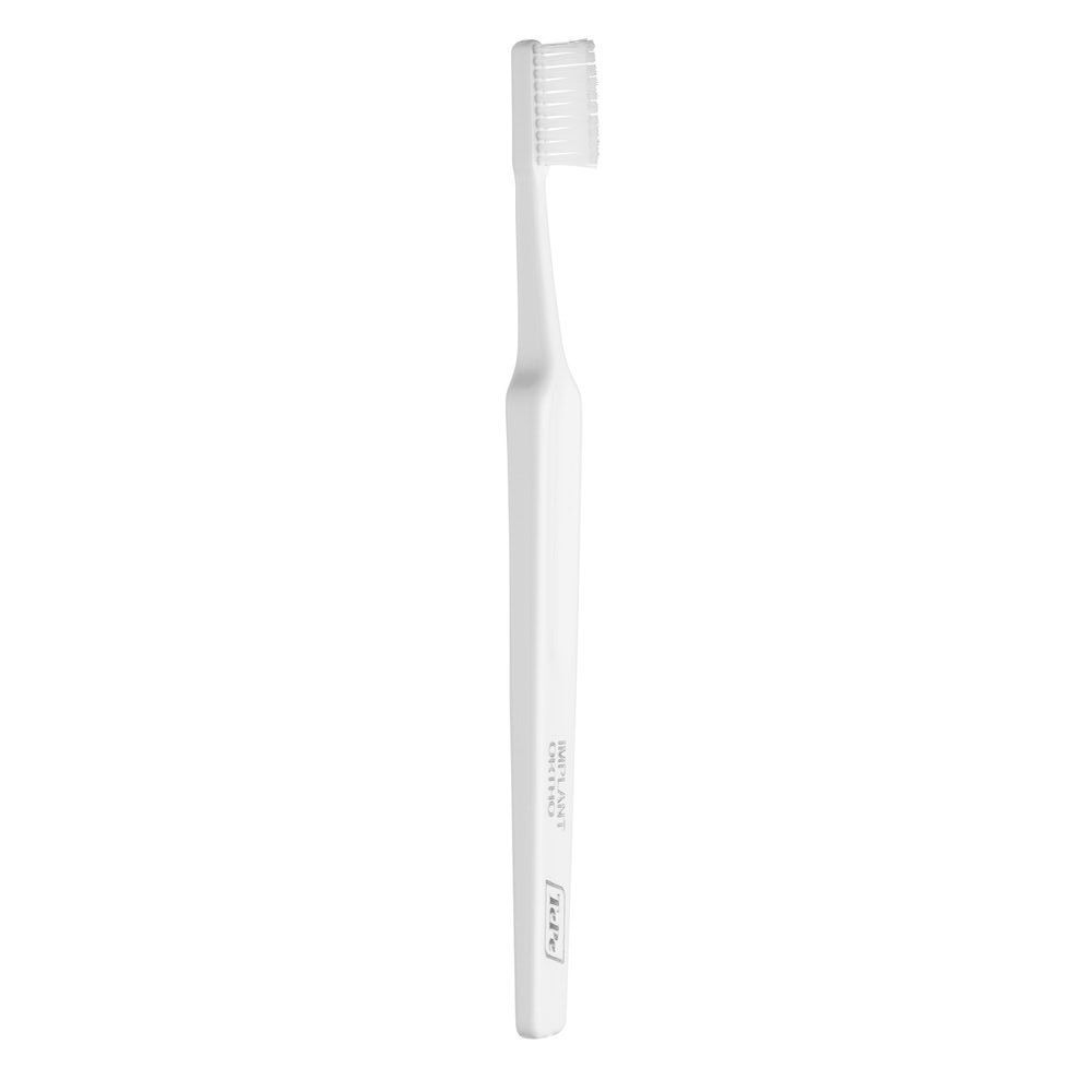Spazzolino TePe Implant Orthodontic bianco, testina stretta, setole morbide.