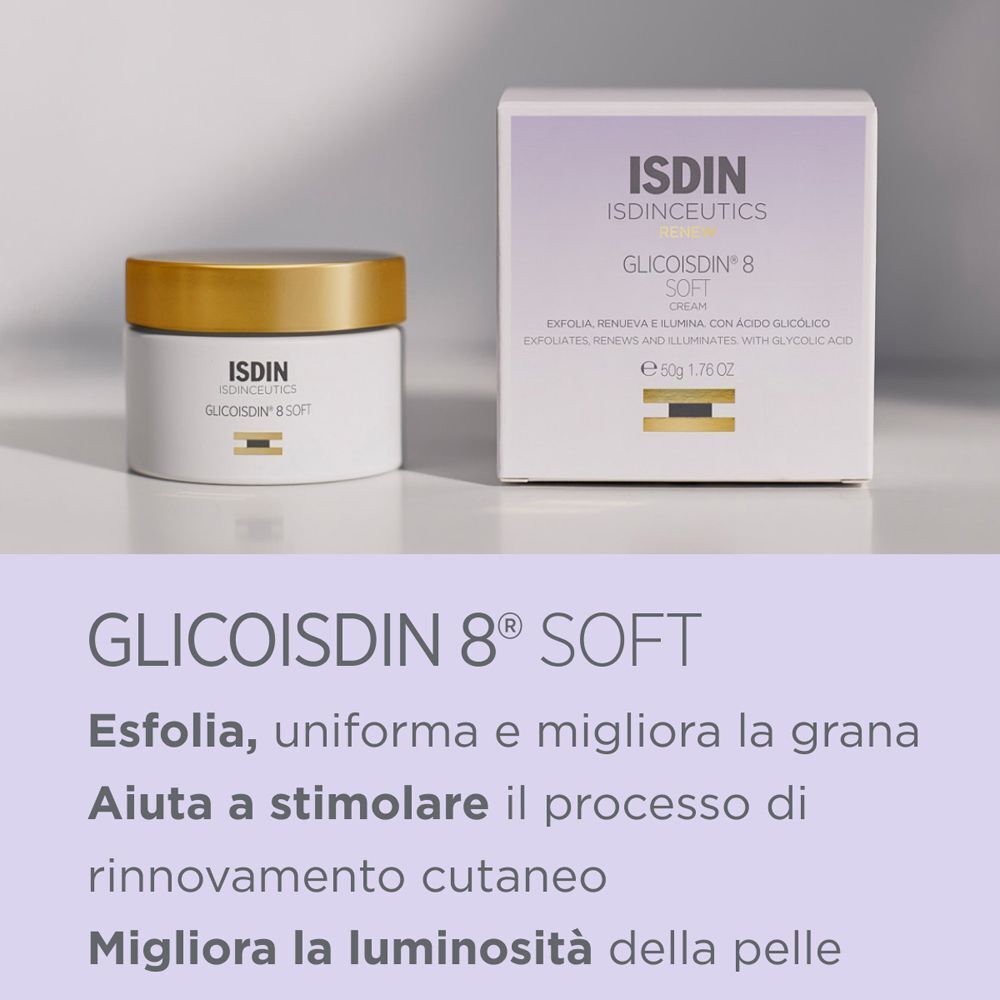 Crema ISDIN Glicoisdin 8 Soft vasetto e scatola pieghevole con informazioni sul prodotto.