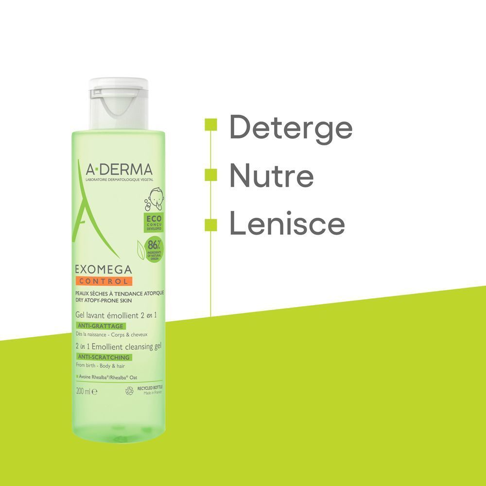Gel detergente A-Derma Exomega Control, flacone verde chiaro. Testo: Deterge, Nutre, Lenisce.