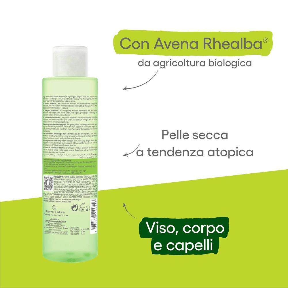 Retro di un flacone di gel detergente A-Derma Exomega Control. Contiene Avena Rhealba bio.