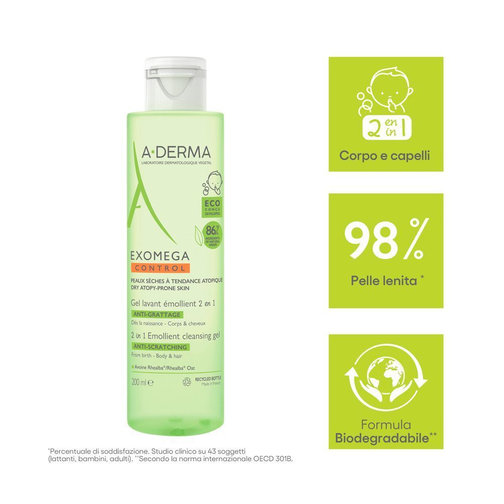 Gel detergente emolliente A-Derma Exomega Control 2-in-1 per pelle secca atopica. Formula biodegradabile.