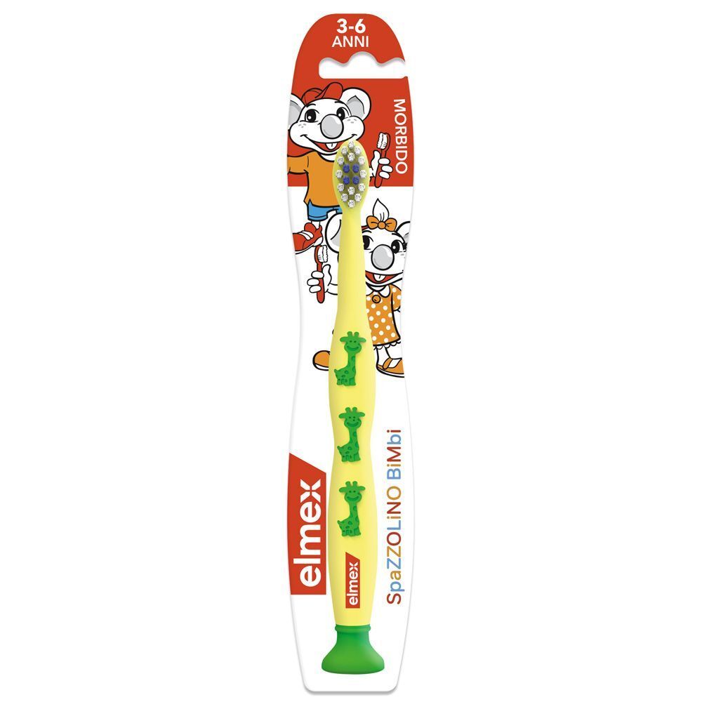 Spazzolino Elmex® per bambini (3-6 anni), manico giallo, giraffe verdi, setole morbide.