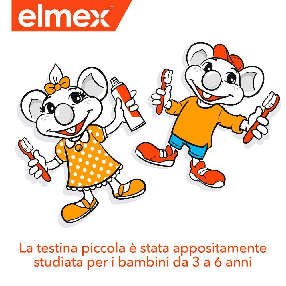 Illustrazione Elmex®: Due topolini con spazzolini e dentifricio per bambini (3-6 anni).