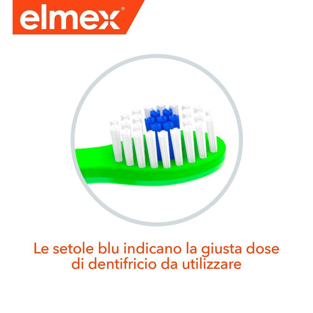 Primo piano della testina di uno spazzolino Elmex® per bambini, setole blu per dosaggio dentifricio.