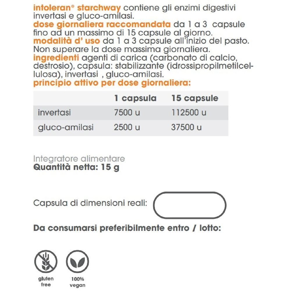 Retro di una confezione Intoleran Starchway con informazioni su ingredienti e dosaggio.