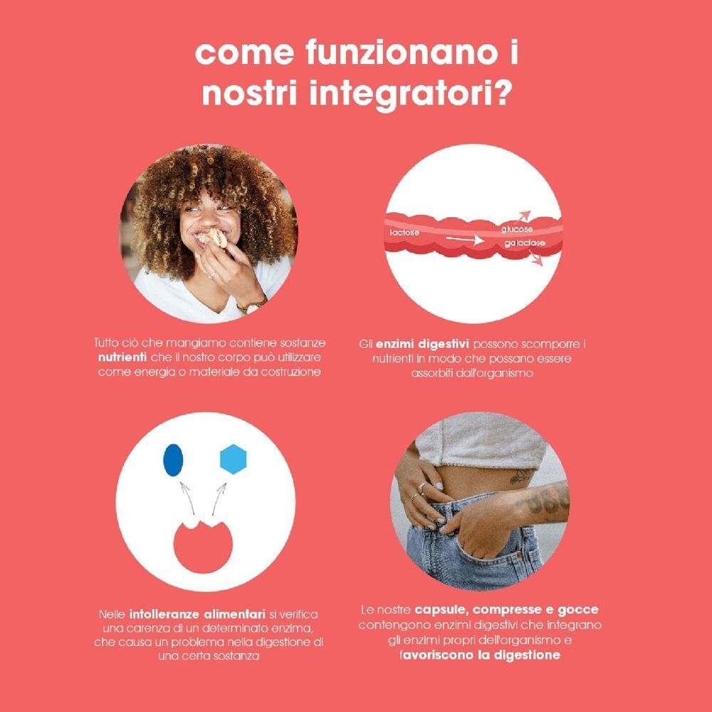 Grafica e testo spiegano la funzione degli enzimi digestivi Intoleran Starchway.