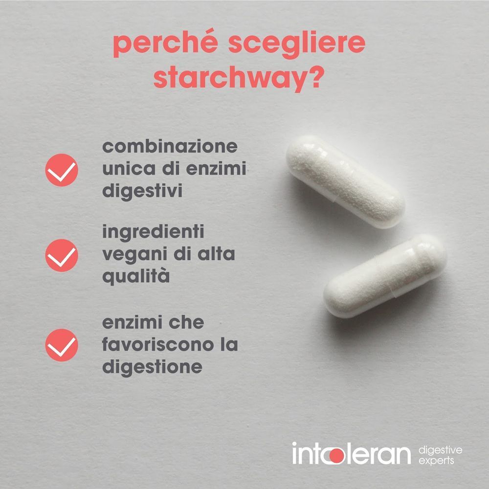 Due capsule bianche su sfondo grigio con segni di spunta rossi e testo sugli enzimi digestivi.