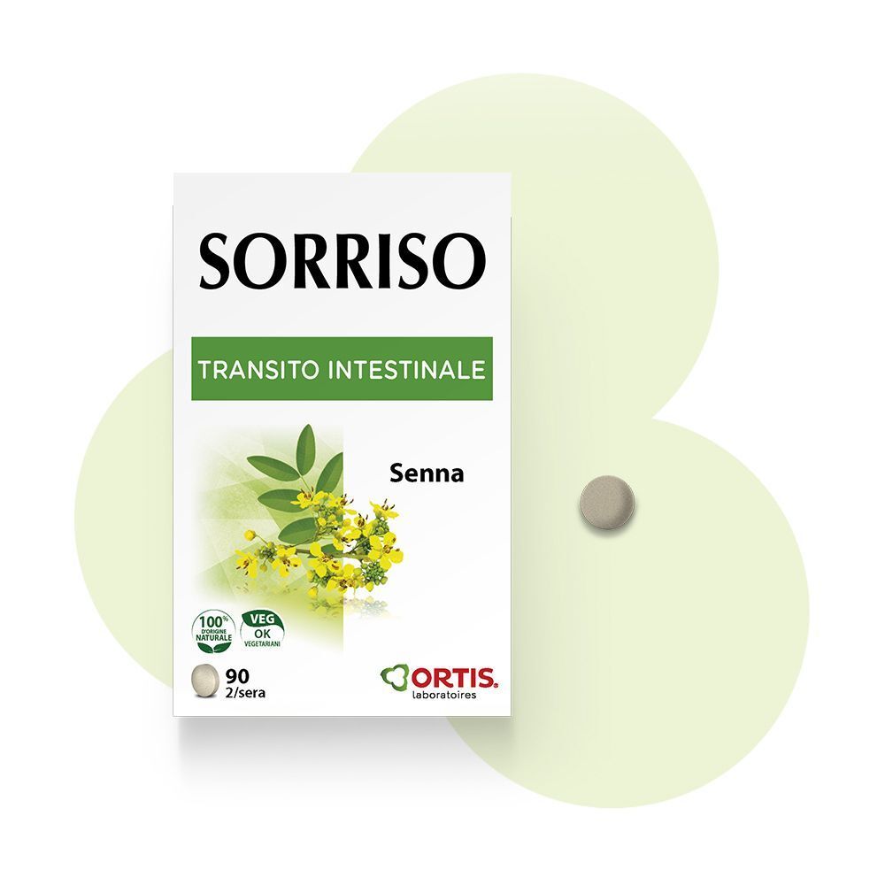 Una confezione di Sorriso Integratore Alimentare con immagine di Senna, certificazioni e dosaggio.