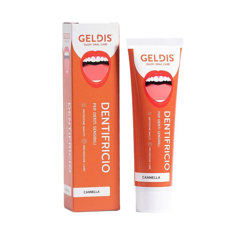 Dentifricio per denti sensibili, gusto cannella, con scatola.