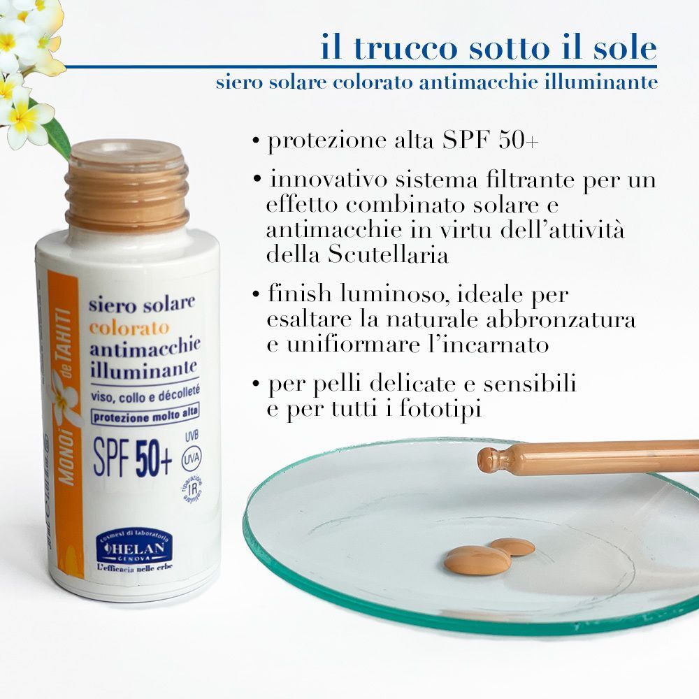 Flacone con contagocce e gocce di siero solare su una superficie di vetro.