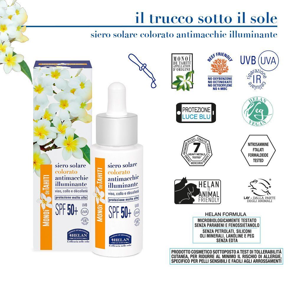 Flacone e scatola per siero solare, SPF 50+, con vari sigilli.