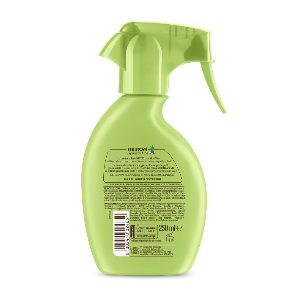 Retro di un flacone spray verde Bilboa Sapore di Aloe SPF 30 con aloe vera e informazioni sul prodotto.