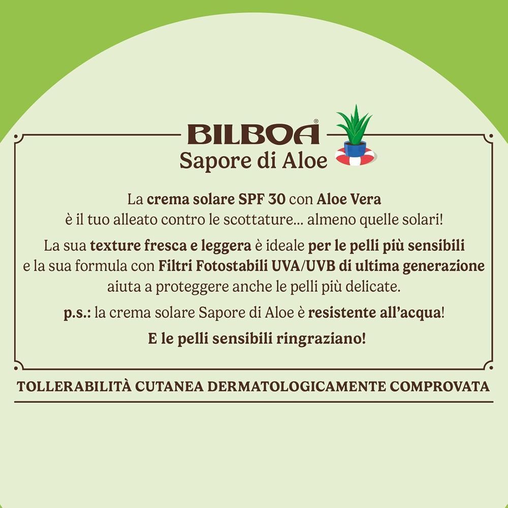 Area di testo con informazioni sulla crema solare Bilboa Sapore di Aloe SPF 30 con Aloe Vera.
