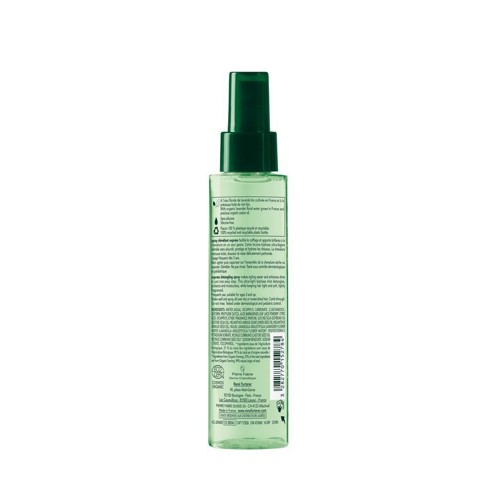 Retro di un flacone di spray districante rapido René Furterer Naturia con elenco ingredienti.