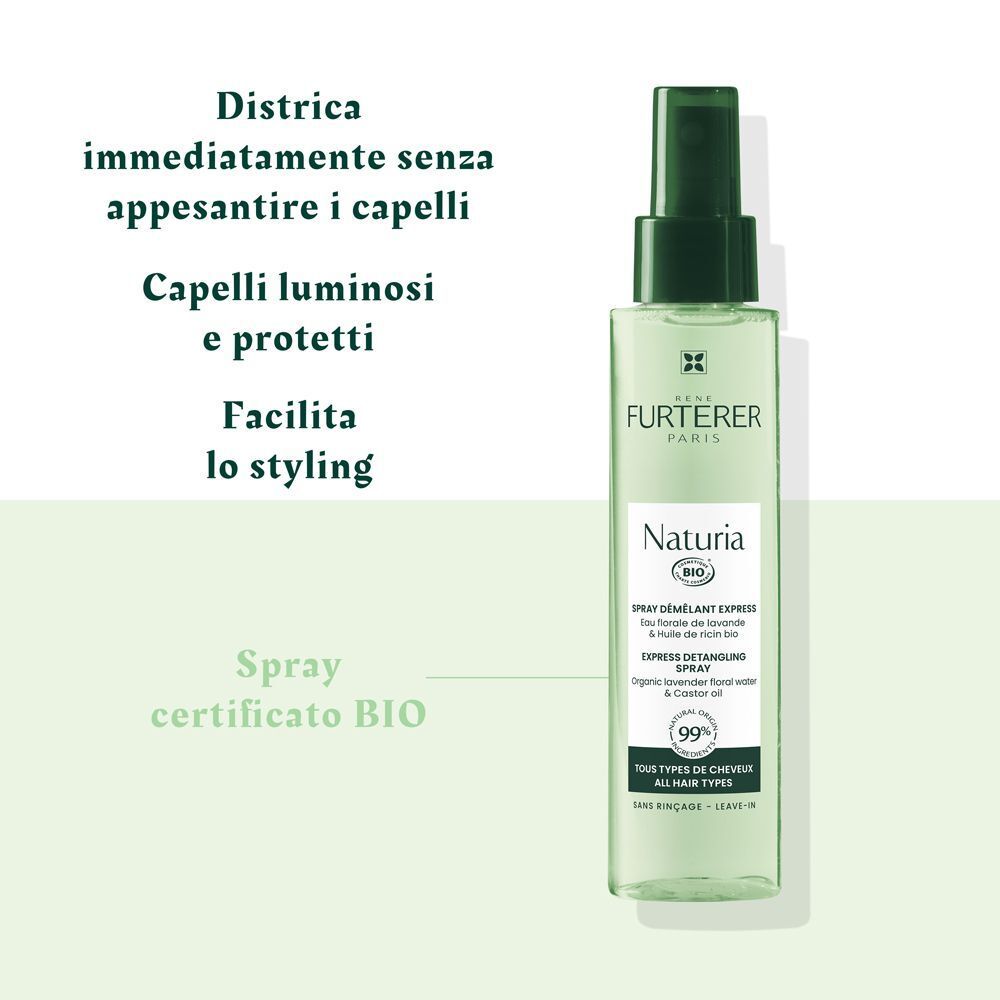 Flacone spray René Furterer Naturia con testo su lucentezza e styling.
