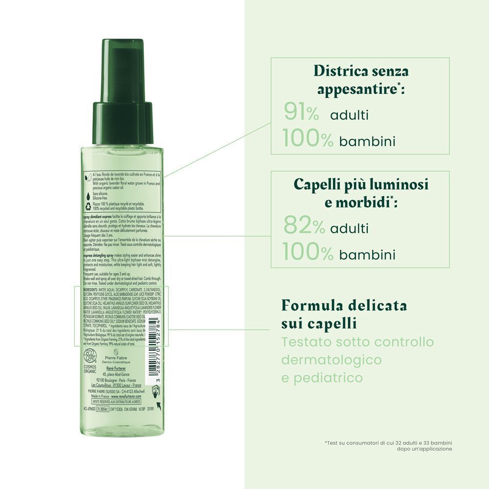 Retro di un flacone spray René Furterer Naturia con istruzioni per l'uso.