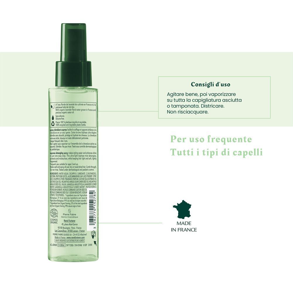 Retro di un flacone spray René Furterer Naturia con istruzioni e paese di origine.