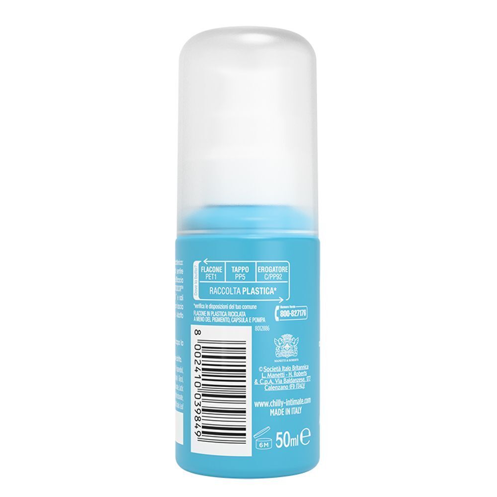 Retro di un flacone Chilly deodorante intimo con codice a barre e indicazione 50ml.