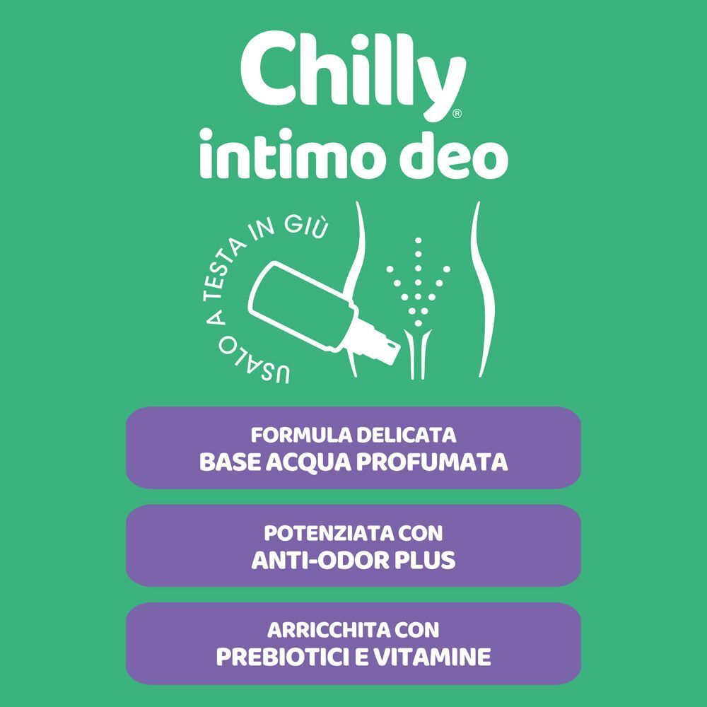Chilly deodorante intimo antibatterico, arricchito con prebiotici e vitamine.