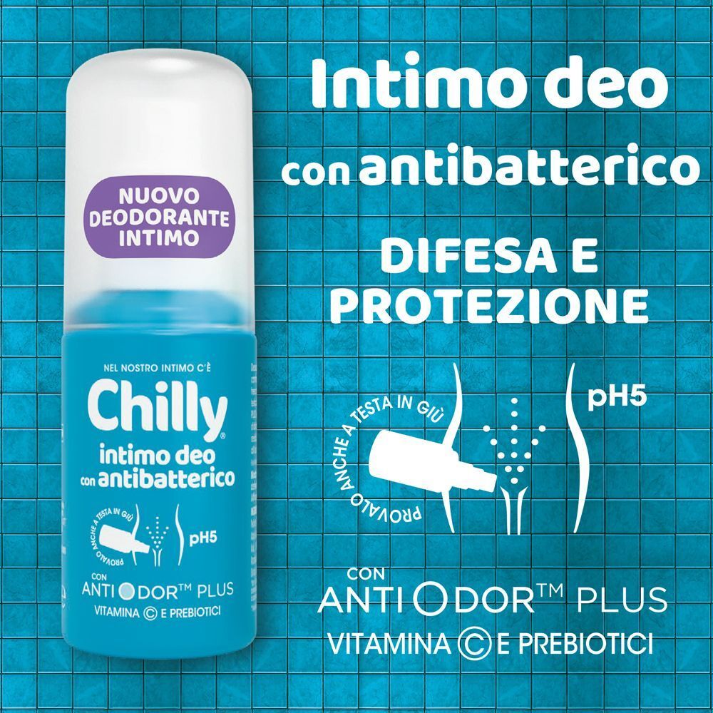 Deodorante intimo Chilly, antibatterico, pH5, AntiOdor Plus, Vitamina C e prebiotici.