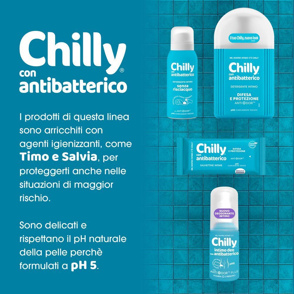 Prodotti Chilly: deodorante intimo antibatterico, salviettine e spray.