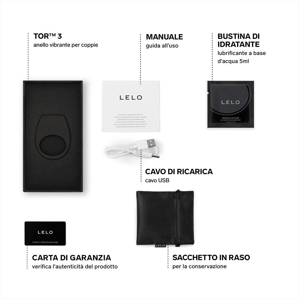 Contenuto della confezione Lelo Tor 3: anello, manuale, cavo USB, lubrificante, carta di garanzia, sacchetto.