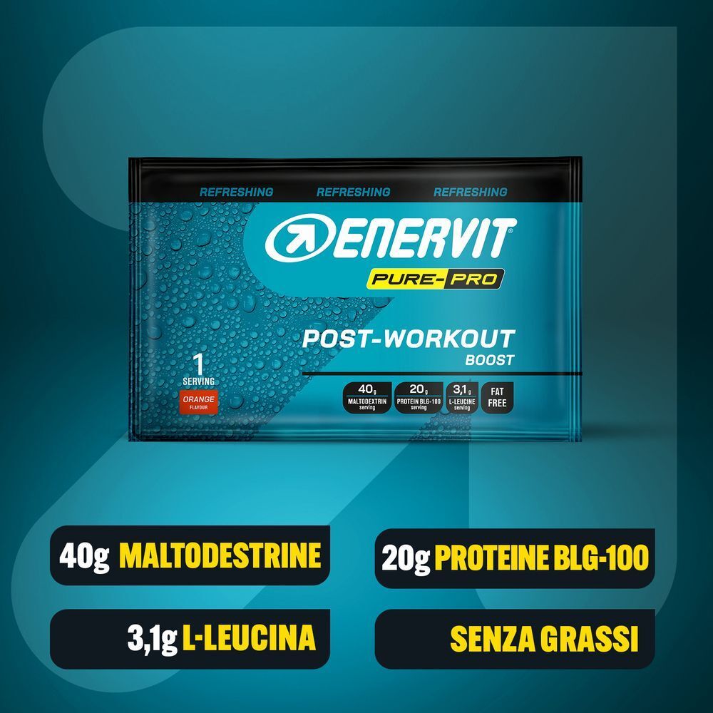 Bustina ENERVIT PURE-PRO Post-Workout Boost: 40g Maltodestrine, 20g Proteine, 3,1g L-Leucina, senza grassi.