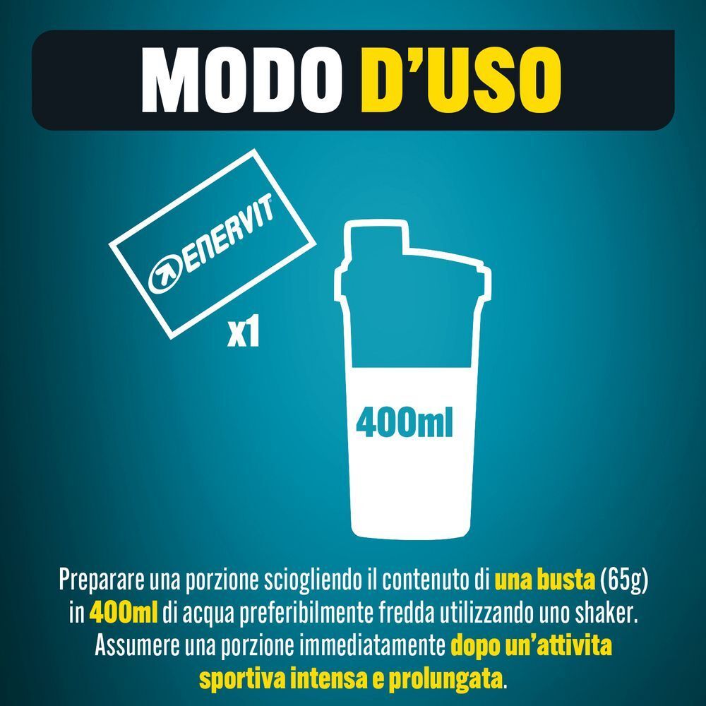 Istruzioni: Sciogliere il contenuto di una bustina ENERVIT (1) in 400ml d'acqua in uno shaker.