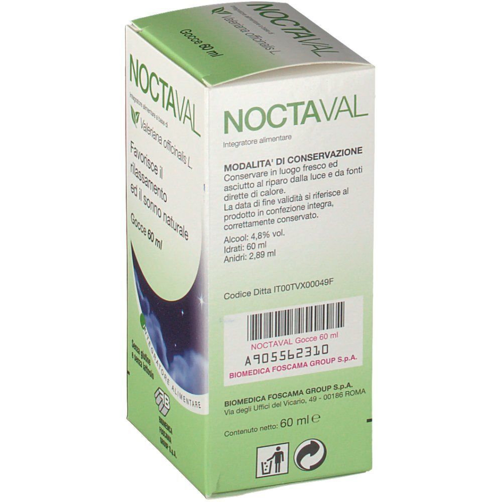 Retro di una confezione di gocce Noctaval 60 ml con modalità di conservazione, contenuto alcolico e informazioni sul produttore.