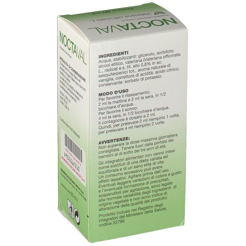 Vista laterale di una confezione di gocce Noctaval 60 ml con elenco ingredienti, modo d'uso e avvertenze.