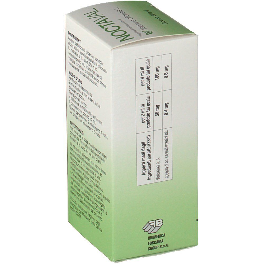 Vista laterale di una confezione di gocce Noctaval 60 ml con informazioni nutrizionali per dose e logo del produttore.
