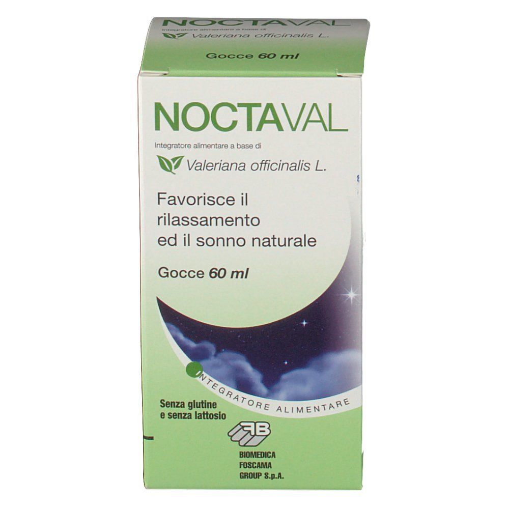 Fronte di una confezione di gocce Noctaval 60 ml a base di valeriana, indicazione senza glutine e senza lattosio.